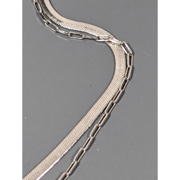 Silver Tone Herringbone Chain Layered Dainty Cross Charm Necklace 16 in - Picture 4 of 7